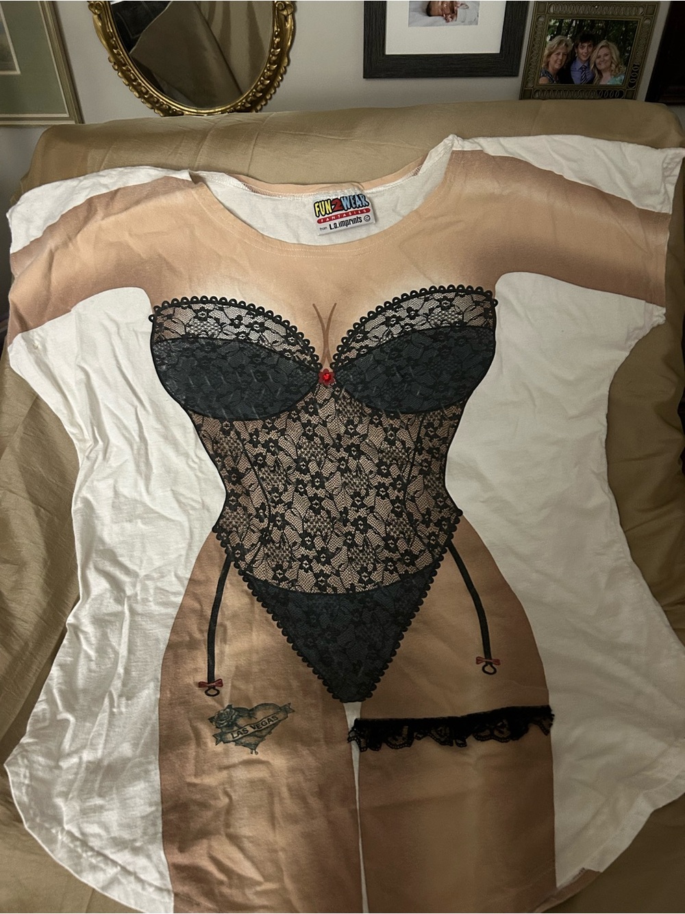 Women's Novelty Lingerie-Print Tee in Beige and Black